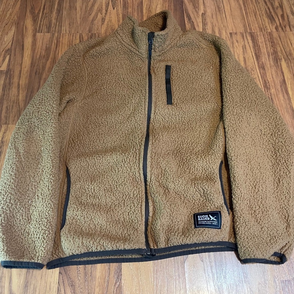 Eddie Bauer Sherpa Fleece Jacket Mens Small Brown Full Zip Mock Neck Hiking Coat